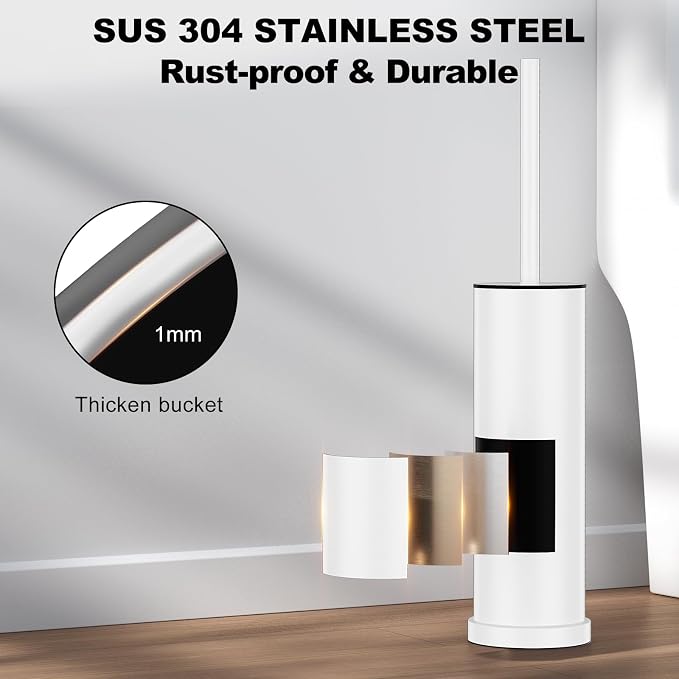 White Toilet Brush and Holder Set，Stainless Steel Heavy Duty Toilet Bowl Brush，Extra Long Handled Modern Toilet Cleaner Brush with Replaceable Head, Removable Inner Bowl, and Splash Protection