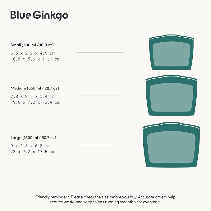 Blue Ginkgo Reusable Silicone Storage Bags – 3-Pack | Korean-Made Stand Up Food, Freezer Bags - Forest Green