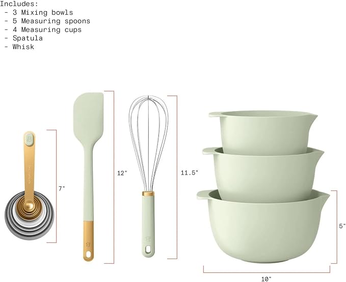 14 Piece Mixing Bowl and Measuring Set, Nesting Kitchen Prep Set with Measuring Cups Spoons Whisk Spatula, BPA Free Dishwasher Safe Baking Set (Sage Green)