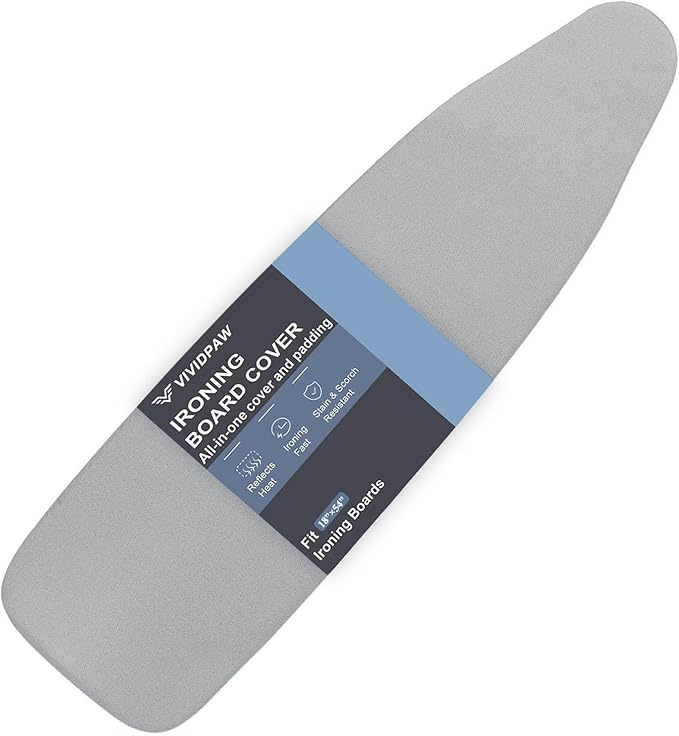 VividPaw Ironing Board Cover and Pad 18x54, Thick Padding, Elastic Edge, Silicone Coated, Resist Scorching, Adjustable Fastener, Heavy Duty Padded Iron Board Covers (Grey)
