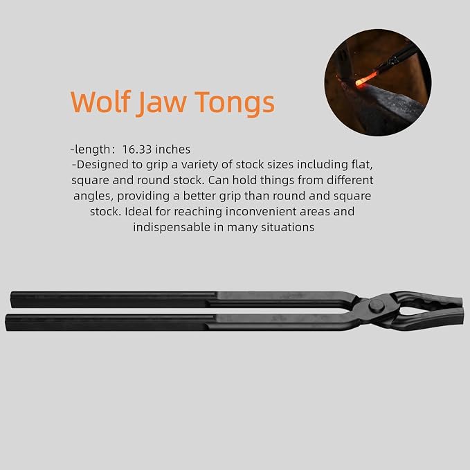 Wolf Jaw Blacksmith Tongs - High Carbon Steel Single Assembled Forging Tongs for Metalworking, Knife Making & Forge Equipment