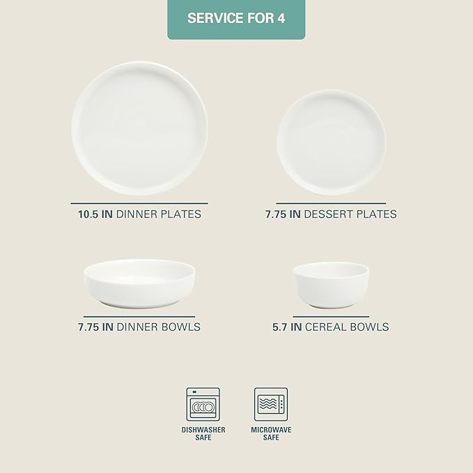Gibson Home Oslo Dinnerware Set for 4, 16-Piece White Porcelain Plates and Bowls — Ceramic Dish Set | Microwave & Dishwasher Safe