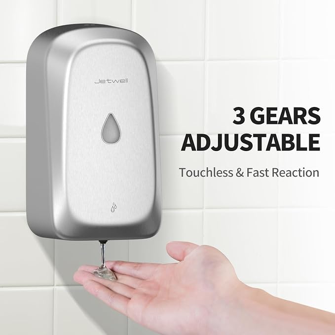 JETWELL Automatic Touch-Less Wall Mount Hand Soap Dispenser Liquid Drop Battery Operated, Brushed Stainless Steel Cover Large Capacity 34OZ/1000ML for Kitchen Home Commercial Bathroom | Brushed Cover, Large Capacity, Battery Powered, Liquid Soap, Comme...