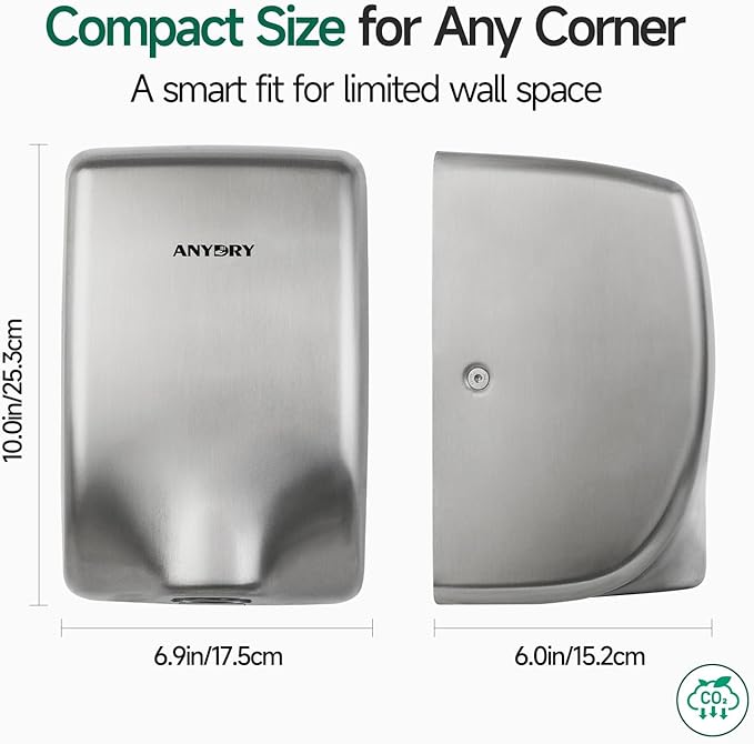 anydry Compact Hand Dryer, High-Speed 1350W Airflow, Brushed Stainless Steel Finish, Space-Saving for Commercial & Home Use, Model AD2803Y