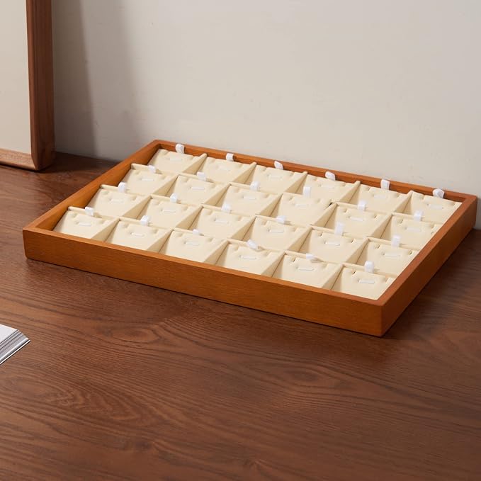 Oirlv Wood 24 Grids Jewelry Tray with Removable Inserts Jewelry Pads Necklace/Pendant Display Organizer Tray(Creamy White)