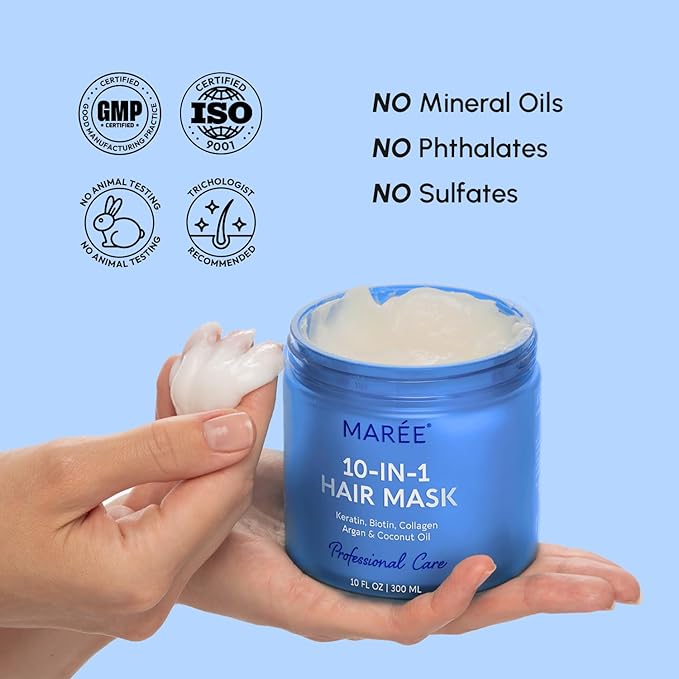 MAREE Deep Conditioning Hair Mask for Damaged Hair Treatment – Keratin Hair Care for Hydrating Growth Repair Moisturizing – Dry Curly Color Refreshing – 10 Fl Oz, Pearl