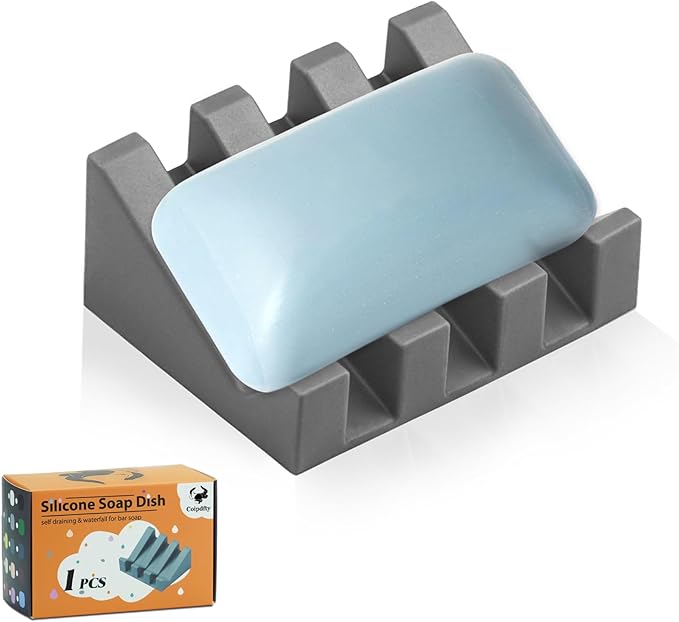 Self Draining Soap Dish Holder,Silicone Soap Dish,for Bathroom,Kitchen, Sponges，Can Extend Soap Life，Keep Soap Bars Dry and Easy Cleaning (Grey,1-Pack)