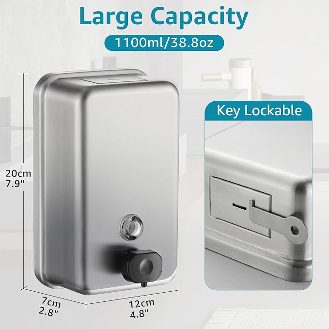 2 Pack Wall Mounted Soap Dispenser - Modunful M1 DM2922 Silver | 38.8oz Large Capacity, Commercial Grade Brushed Stainless Steel, Anti-Leak Pump, Key Lockable