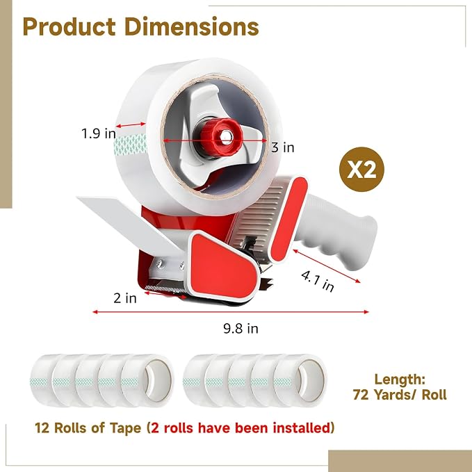 2 PCS Tape Gun for Packing Boxes, Includes 12 Rolls Clear Tape, 2 in Heavy Duty Tape Dispenser Gun Set for Shipping, Moving, Storage, Carton Box Sealing, Ergonomic Grip with Adjustable Pulling Force