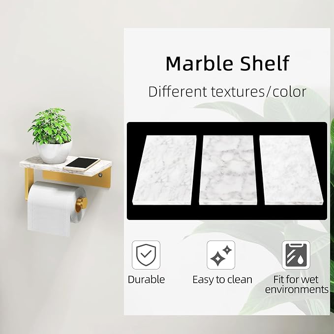 Brushed Gold Toilet Paper Holder with Natural Marble Shelf, 304 Stainless Steel Screw Wall Mounted, Tissue Roll Paper Holder Dispenser for Bathroom Washroom