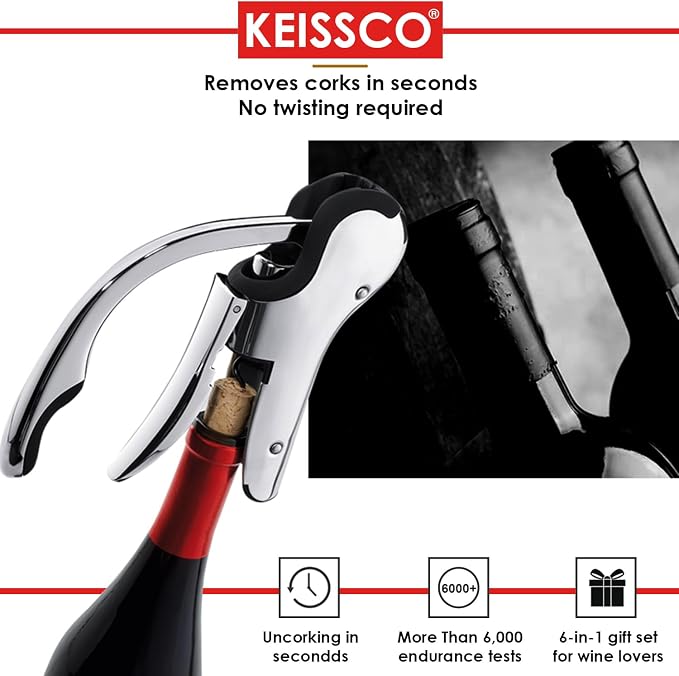 KEISSCO Stainless Steel Wine Opener Set - Compact Vertical Corkscrew Wine Bottle Opener Gift Set with Foil Cutter, Aerator Pourer, Vacuum Pump and 2 Wine Stoppers, Wine Gift Set for Home Party Bar
