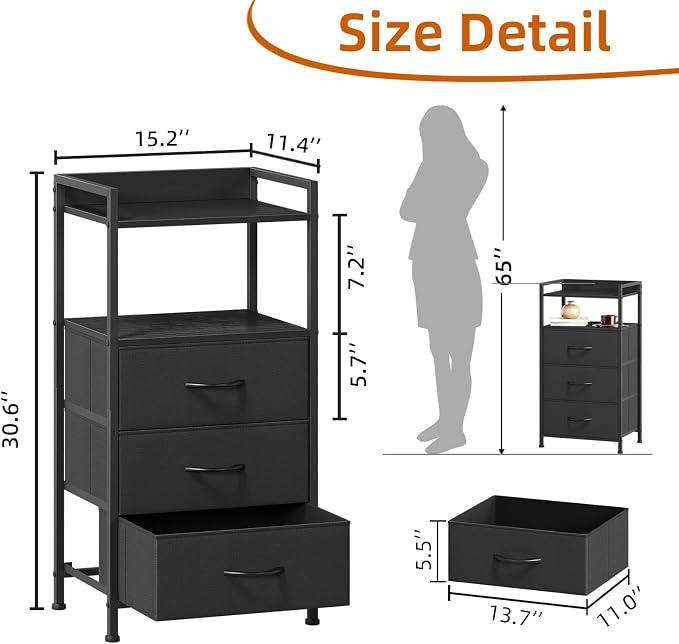 Somdot Nightstand with 3 Drawers, Dresser with Fabric Bins for Bedroom, Hallway, Entryway, Night Stand Bedside Table Furniture, Sturdy Steel Frame, Wooden Top, Easy Pull Fabric Bins, Black