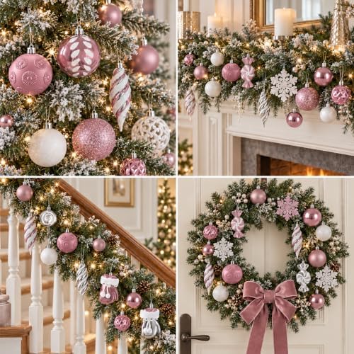 130 Pcs Christmas Ball Ornaments, Christmas Tree Decoration Set Red Christmas Ball Shatterproof Hanging Ornament Decorations for Christmas Tree, Wreaths, and Outdoor Displays (Pink)