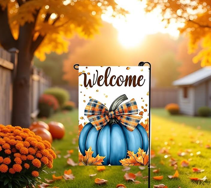 Welcome Fall Blue Pumpkin Thanksgiving Garden Flag 12x18 for Outside