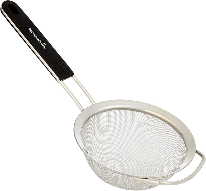 Restaurantware Fine Mesh Strainer 1 Count 12.6" x 5.5" x 2.3" with Silicone Handle Stainless Steel Extra Fine Mesh Strainer Heat-Resistant Handle Dishwasher-Safe for Rice, Quinoa, Pasta