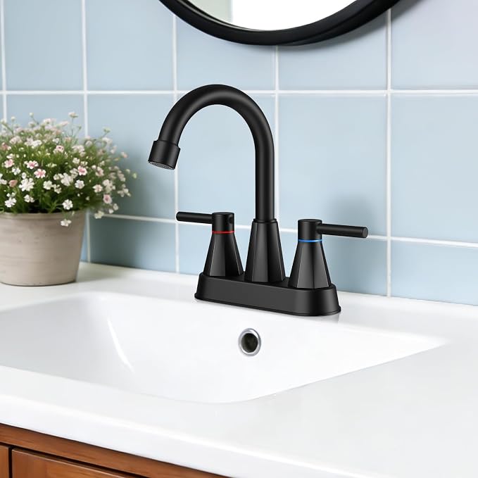 Bathroom Faucet 3 Hole Matte Black, 4 Inch Bathroom Sink Faucet Centerset with Pop Up Drain, Double Handle Vanity Faucet 3 Hole with 360° Swivel Spout, Rv Bathroom Sink Faucet