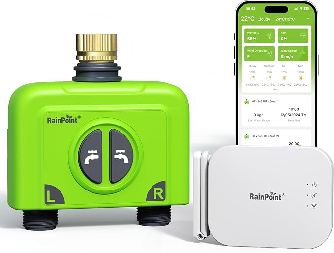 RAINPOINT WiFi Water Timer for Garden Hose, 2 Zone WiFi Sprinkler Controller, Smart Hose Timer Valve, Automatic Drip Irrigation System/Rain Delay for Garden (Brass Inlet, WiFi & Ethernet Connection)