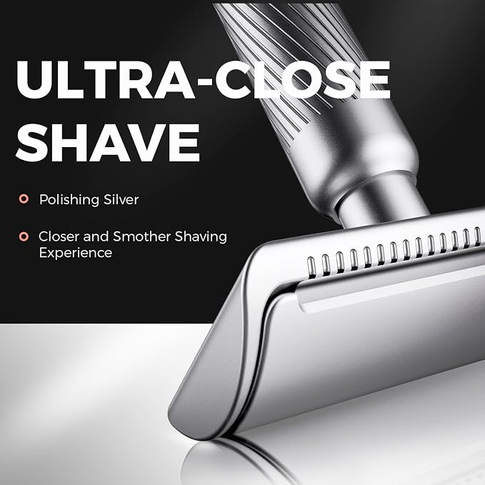 Double Edge Safety Razor, Metal Razor Includes 10 Double Edge Blades | Classic silver finish with a clean metallic look that complements any grooming setup.