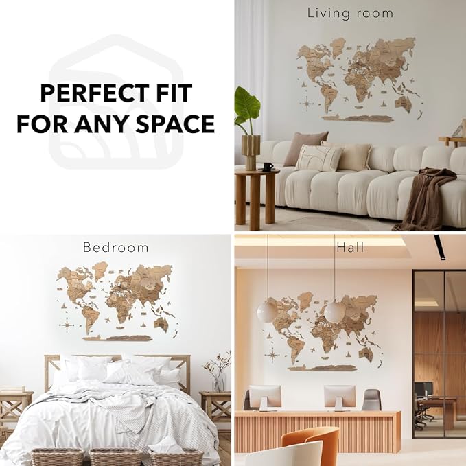Enjoy The Wood 3D Wood World Map Wall Art Large Wood Wall Décor Housewarming Gift Idea Art World Travel Map For Home & Kitchen or Office (Small, Terra)