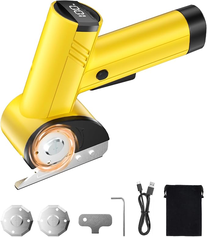 Cordless Electric Scissors, 320RPM High Speed Cardboard Cutter with 3000mAh Long-Lasting Battery, 4-Speed Power Rotary Cutter Tool with LED Display & 2 SKS Blades for Box, Fabric, Leather, Craft