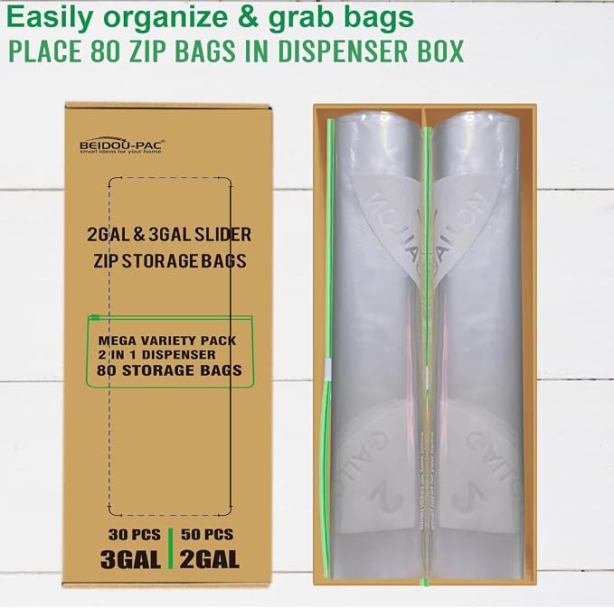 BEIDOU-PAC Combo Large Slider Storage Bags 80 Count, 2 Gallon & 3 Gallon Resealable Variety Pack With Organizer, Reclosable Clear Plastic Bags (Variety Pack)