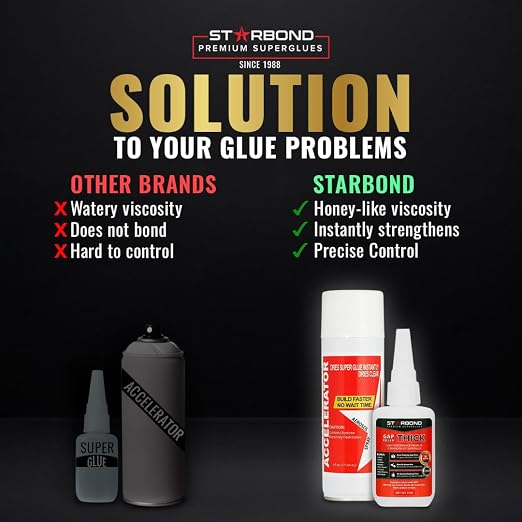 Starbond 2 oz Thick CA Glue with 6 oz Aerosol Activator Bundle Premium Cyanoacrylate Super Glue for Mitre Joint Bonding, Woodworking, Carpentry, Archery Fletching