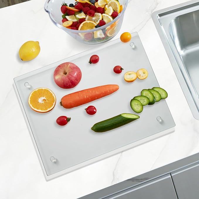 Mymonfif Tempered Glass Cutting Board for Kitchen, Clear Glass Board for Countertop, Heat Resistant, with Non-Slip Feet, 12x16" 1Pcs