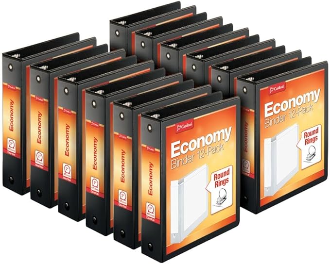Cardinal Economy 3-Ring Binders, 2", Round Rings, Holds 475 Sheets, ClearVue Presentation View, Non-Stick, Black, Carton of 12 (90640)