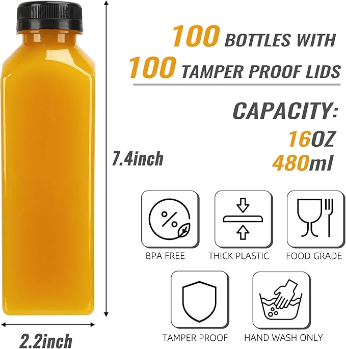 TOMNK 100pcs Plastic Bottles with Caps, 16oz Juice Bottles, with Caps with Black Caps,with Label, Funnel and Brush Beverage Containers for Juicing, Smoothies, Tea, Milk