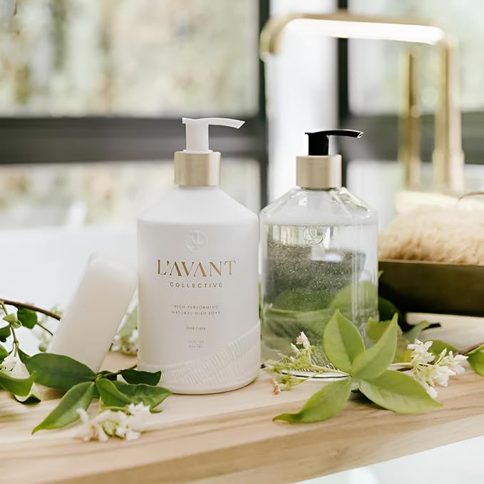 L'AVANT Collective Luxury Home Essentials | High Performing Dish Soap, Hand Soap, Multipurpose Cleaner Spray, Scrub Brush, Lucite Tray | Luxurious Ingredients Reusable Bottles (Fresh Linen)