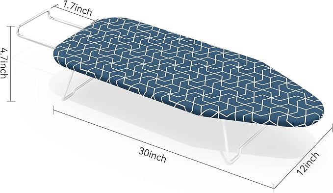 Small Ironing Board Tabletop with Heat Resistant Cover, Compact Mini Ironing Board (with Iron Rest) & Metal Frame, for Dorm, Apartment, Hook for Hanging, Iron Board 12x30, Iron Table Stand Dark Blue