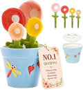 Flower Pot Ceramic Measuring Spoon Set, 5PCS Cute Spoons Cups with Base, Ceramic Baking Measuring Spoons with Holder for Dry & Wet Ingredients, Unique Baking Supplies Gift, Dishwasher Safe(Blue)