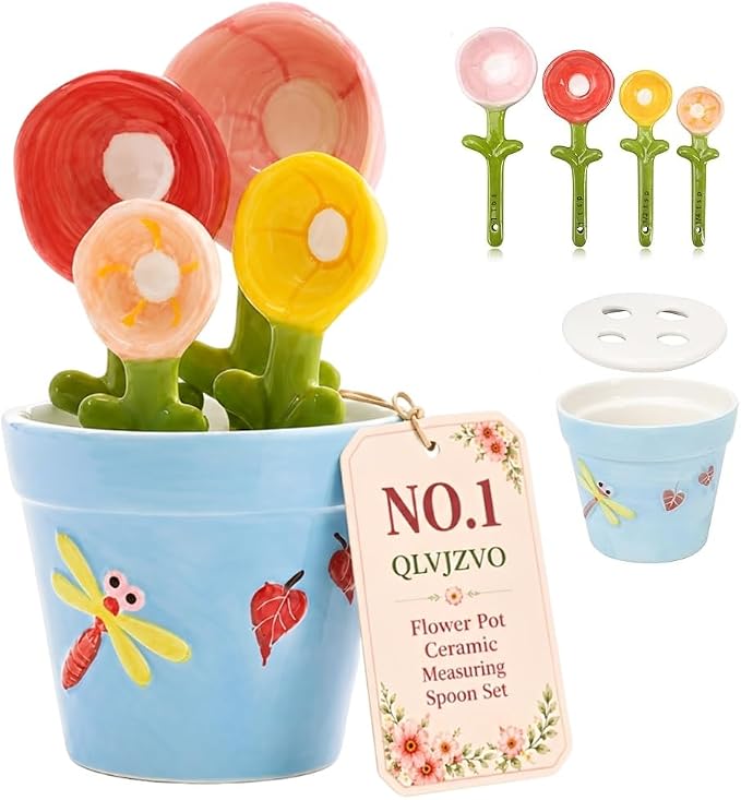 Flower Pot Ceramic Measuring Spoon Set, 5PCS Cute Spoons Cups with Base, Ceramic Baking Measuring Spoons with Holder for Dry & Wet Ingredients, Unique Baking Supplies Gift, Dishwasher Safe(Blue)