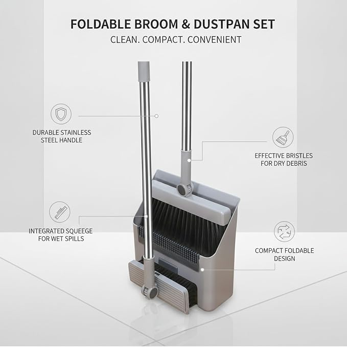 Foldable Broom and Dustpan Set with Squeegee, Stainless Steel Handle Cleaning Tool for Debris and Spills, Compact Storage for Bathroom and Kitchen