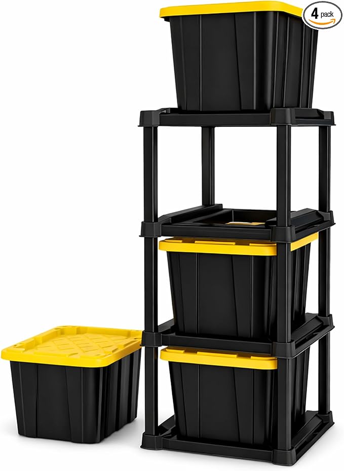 Sterilite 4 Tier Tote Rack, Vertical Plastic Organizer with 4 Pack 27 Gallon Industrial Storage Totes, Black - for Garages, Workshops, or Basements