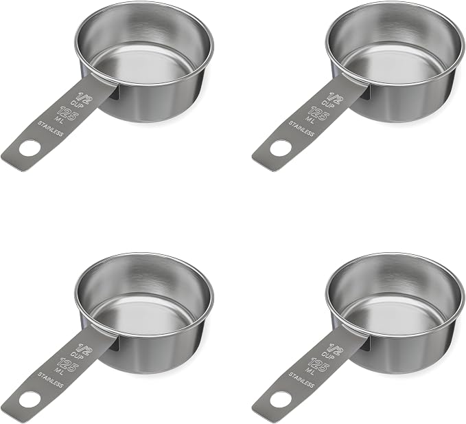 1/2 Cup Stainless Steel Measuring Cup | Sturdy Metal 125 ml | 125 cc | 4 oz | Single Cup for Wet and Dry Ingredients | Great for use as 1/2 Cup Dog Food Scoop - 4 PK