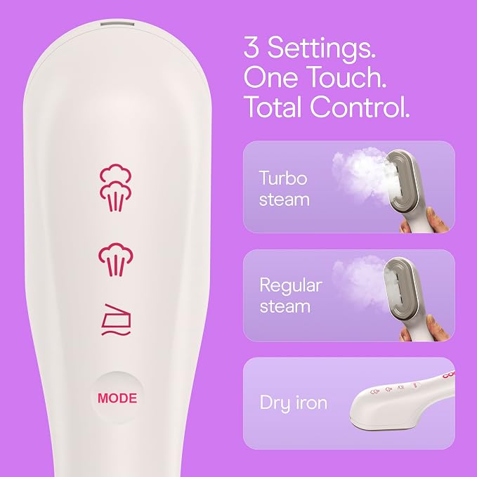 Conair 2-in-1 Steam & Iron Garment Wand, Portable Handheld Fabric Steamer with Ceramic Soleplate, 25-Second Heat-Up, 12-Minute Steam Time, Butter/Berry, GS47BB