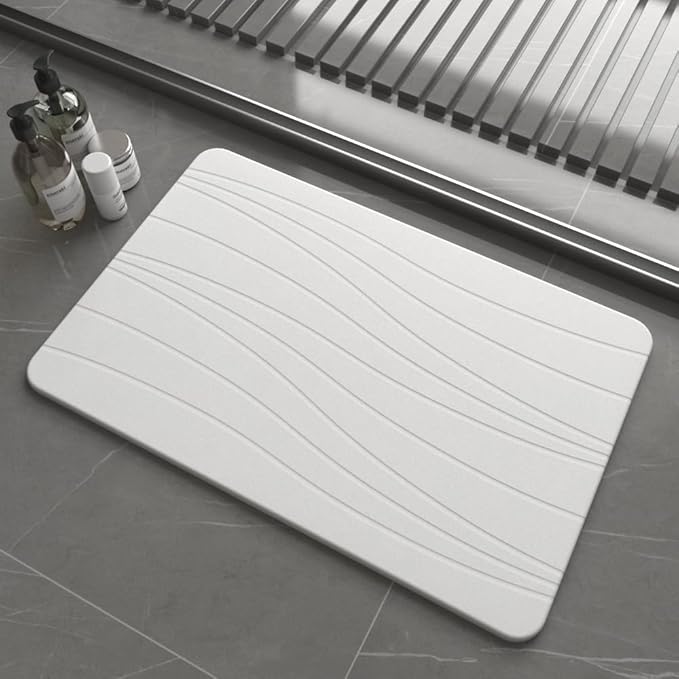 Fast Drying Stone Bath Mats for Bathroom, Non-Slip Diatomaceous Earth Bath Mat, Super Absorbent Bath Mat Stone (23.6''×15.4" White Flow)