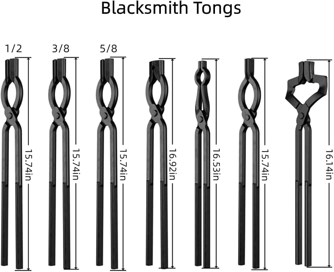 7PCS Blacksmith Tools Set - Flat Jaw & V-Bit Tongs 3/8" 1/2" 5/8" V-Bolt, Z V-Bit, A3 Steel Rivets,Assembled Forging Kit for Metalworking