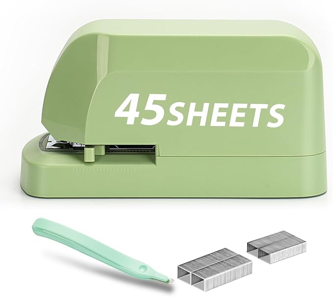 Heavy Duty Electric Stapler Value Pack, 45 Sheet Capacity, Includes 1500 Staples & Staple Remover, No-Jam, Faster Stapling, Automatic Stapler Desktop,AC Adapter Powered (Saga Green)