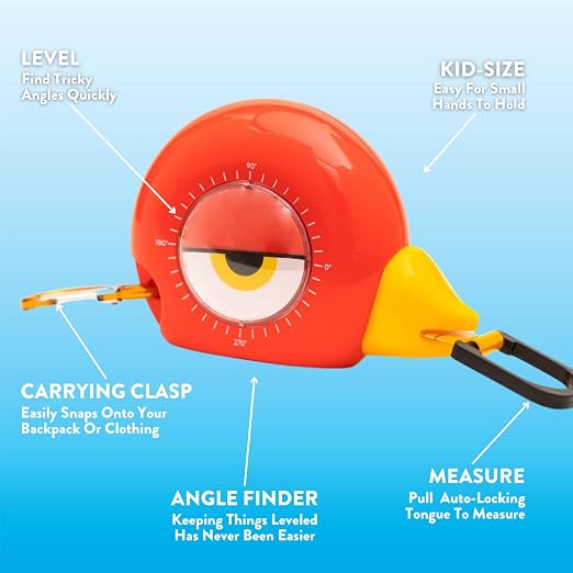 Handy Famm Kids Tape Measure – 8ft Red Bird Retractable Measuring Tape with Level & Protractor, STEM Montessori Tool, Toddler Safe, Gift for Boys & Girls Ages 3+