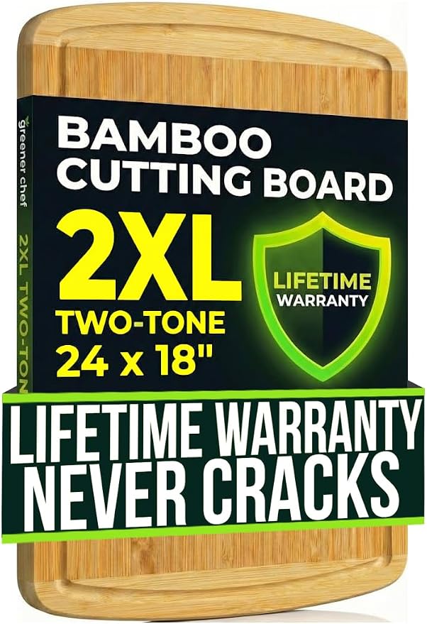 GREENER CHEF 24 Inch Bamboo Cutting Board with Lifetime Replacement - 2XL Extra Large Wooden Butcher Block for Kitchen, Stove Top, Meat, Vegetables, and Charcuterie with Deep Juice Grooves