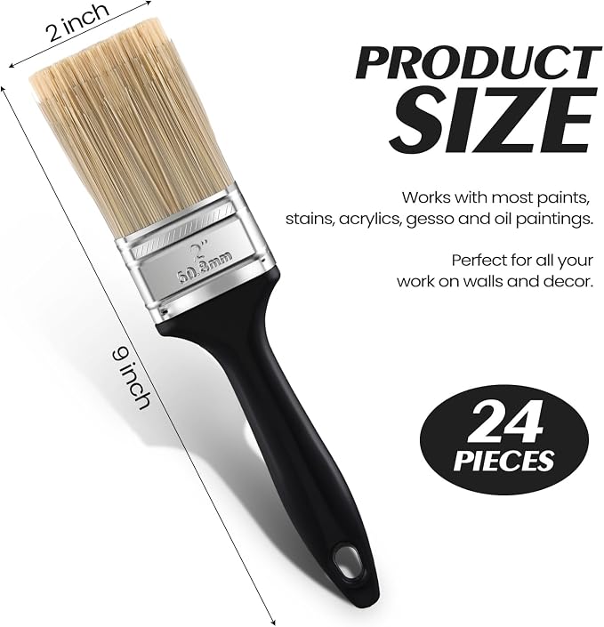 Layhit 24 Pcs Paint Brushes House Chip Paintbrush with Treated Plastic Handles Wide Flat Wall Trim Painting Tool for Paint Stains Wood Cabinet Deck Fence Door Furniture Home DIY (2'')