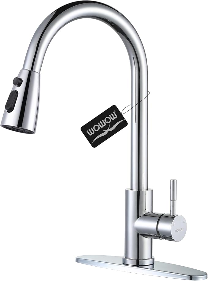 Chrome Kitchen Faucet with Sprayer, WOWOW Pull Down Kitchen Sink Faucet Stainless Steel Utility Sink Faucet with Deck Plate, Kitchen Tap for RV, Laundry, Bar