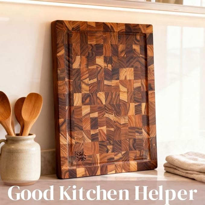 Teak Wood End Grain Cutting Board 13.8 x 9.8 Inch, Solid Wood Kitchen Cutting Board for Meat & Daily Prep, Knife-Friendly Cutting Board with Juice Groove & Handle by New M Way