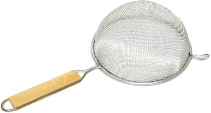 TrueCraftware- 8-Inch Single Fine Mesh Strainer Stainless Steel 6-1/2" Handle Length Wooden Handle- Kitchen Utensil Food Strainer Skimmer Spoon for Cooking Sieve Sifters Rice Pasta Fruits Vegetable