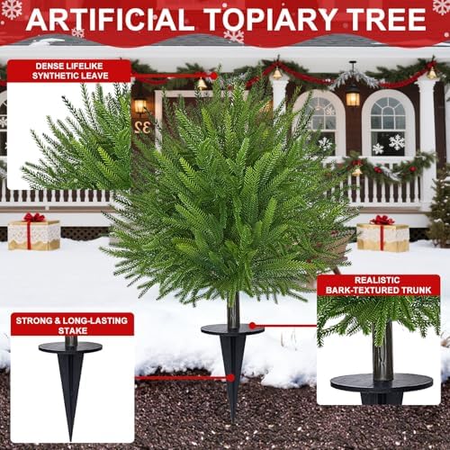 2 Pack 24'' Artificial Norfolk Christmas Topiary Ball Trees, Realistic Norfolk Pine Topiary with Spike Fake Ball Shrubs Plants Christmas Pot Fillers Outdoor Front Porch Door Garden Yard Decorations