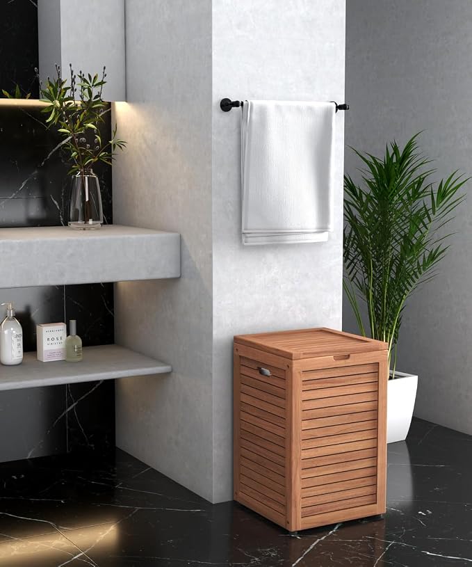 Medium Teak Laundry Hamper, or Indoor Outdoor Storage Bin | Durable, Water-Resistant Teak Construction, Indoor & Outdoor Use