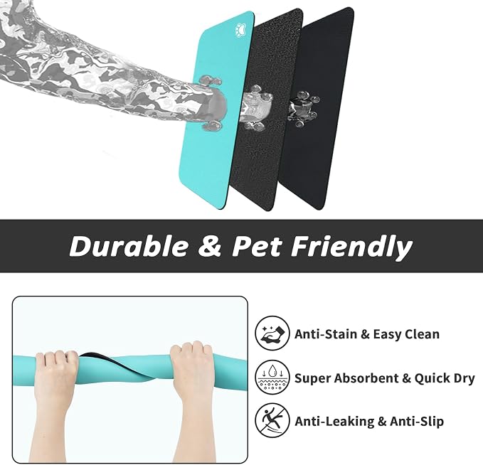 HotLive Dog Food Mat - Absorbent Cat Mat for Food and Water, No Stains Pet Feeding Bowl Mat, Easy to Clean Pet Placemats, Quick Dry Dog Water Dispenser Mat for Messy Drinkers | Paw Teal 18"x 28"