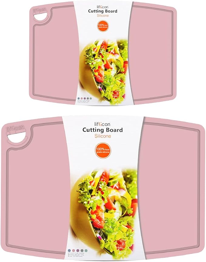 Thick Cutting Boards for Kitchen Silicone Chopping Board Set of 2 Mid 12.6'' x 9.1”,Mini 9.1”x7.1” Non-slip Deep Drip Juice Groove Easy Grip Handle,Dishwasher Safe-Soft Pink